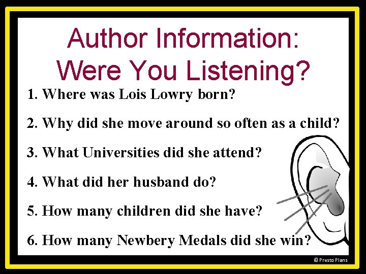 Author Information: Were You Listening? 1. Where was Lois Lowry born? 2. Why did