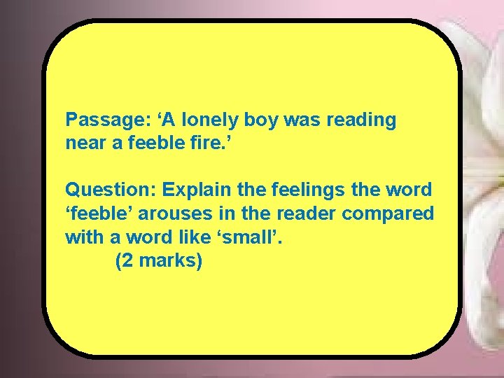 Passage: ‘A lonely boy was reading near a feeble fire. ’ Question: Explain the