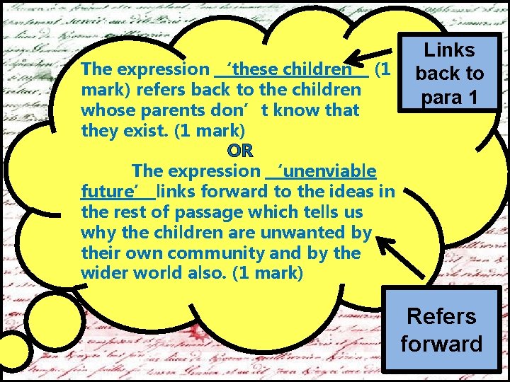 The expression ‘these children’ (1 mark) refers back to the children whose parents don’t