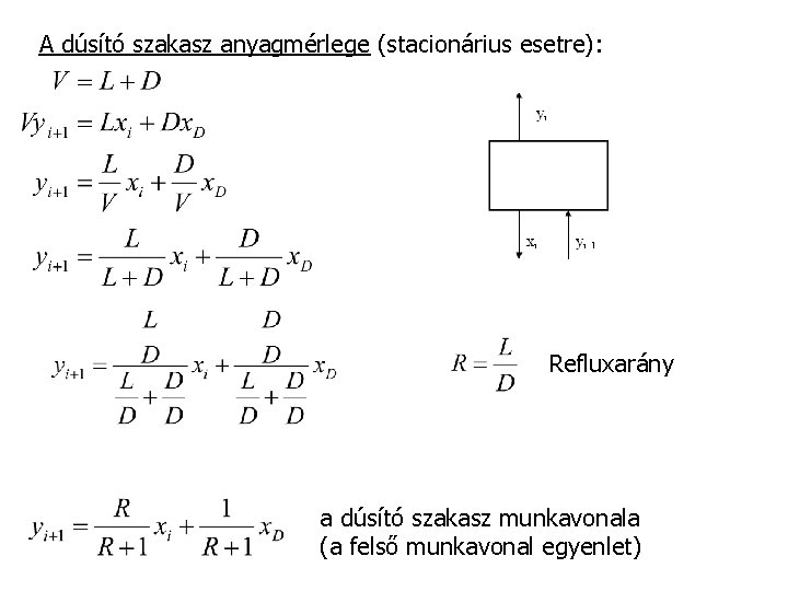 A dúsító szakasz anyagmérlege (stacionárius esetre): Refluxarány a dúsító szakasz munkavonala (a felső munkavonal A dúsító szakasz anyagmérlege (stacionárius esetre): Refluxarány a dúsító szakasz munkavonala (a felső munkavonal