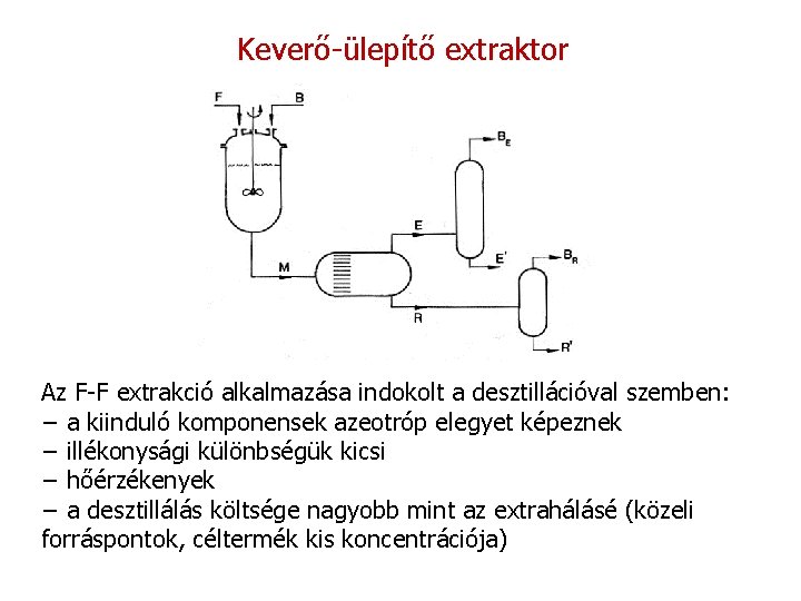 Keverő-ülepítő extraktor Az F-F extrakció alkalmazása indokolt a desztillációval szemben: − a kiinduló komponensek