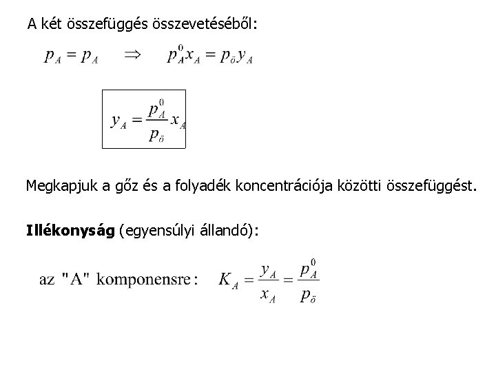 A két összefüggés összevetéséből: Megkapjuk a gőz és a folyadék koncentrációja közötti összefüggést. Illékonyság