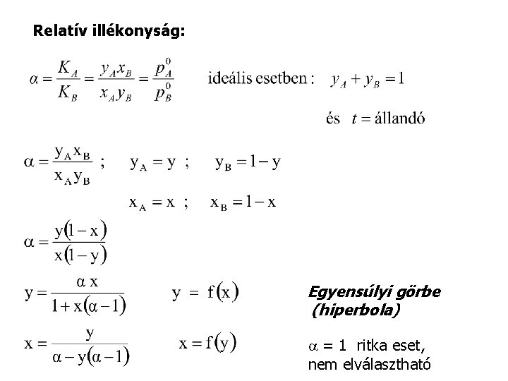 Relatív illékonyság: Egyensúlyi görbe (hiperbola) a = 1 ritka eset, nem elválasztható 