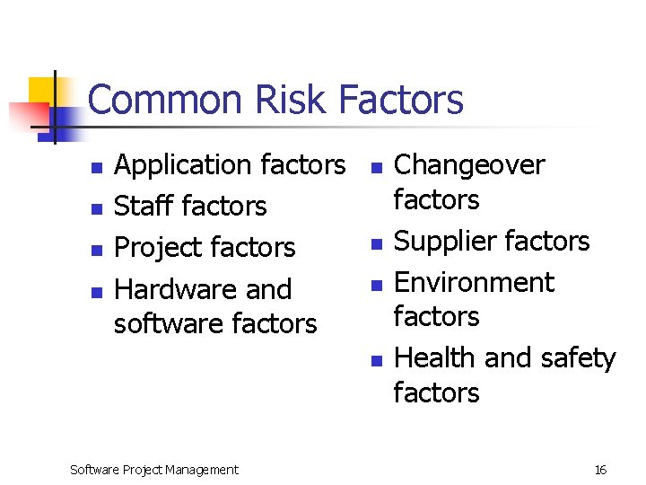 Common Risk Factors n n Application factors Staff factors Project factors Hardware and software