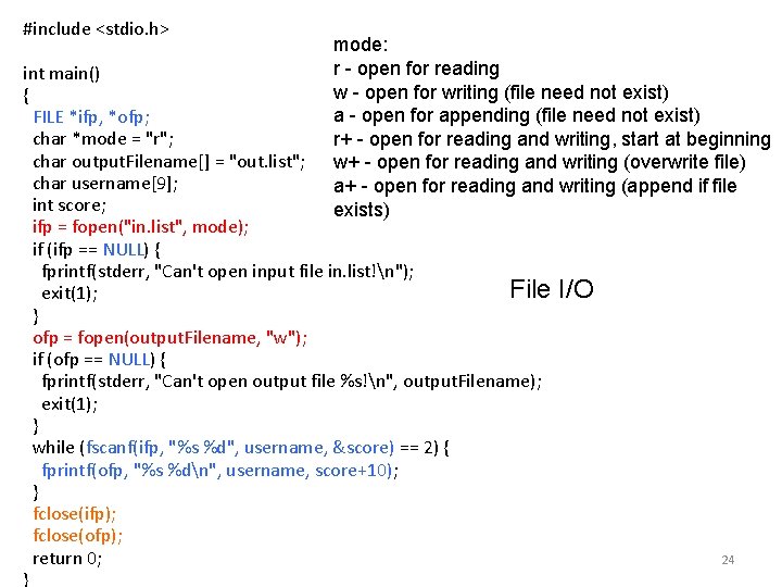 #include <stdio. h> mode: r - open for reading w - open for writing