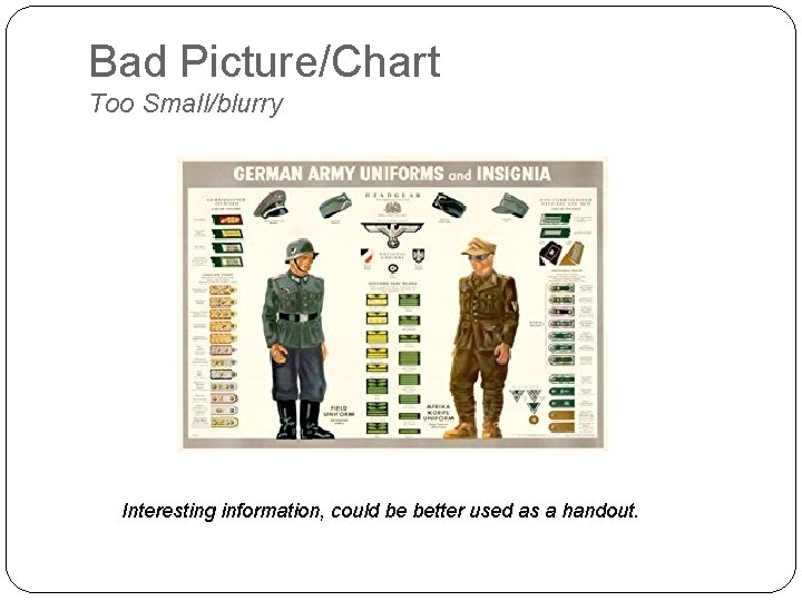 Bad Picture/Chart Too Small/blurry Interesting information, could be better used as a handout. 