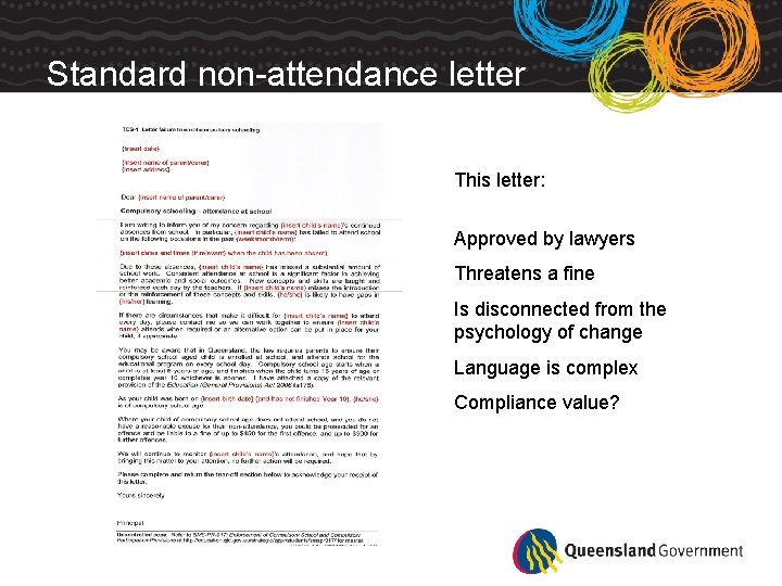 Standard non-attendance letter This letter: Approved by lawyers Threatens a fine Is disconnected from