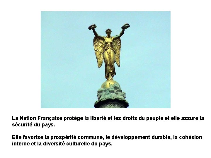 La Nation Française protège la liberté et les droits du peuple et elle assure