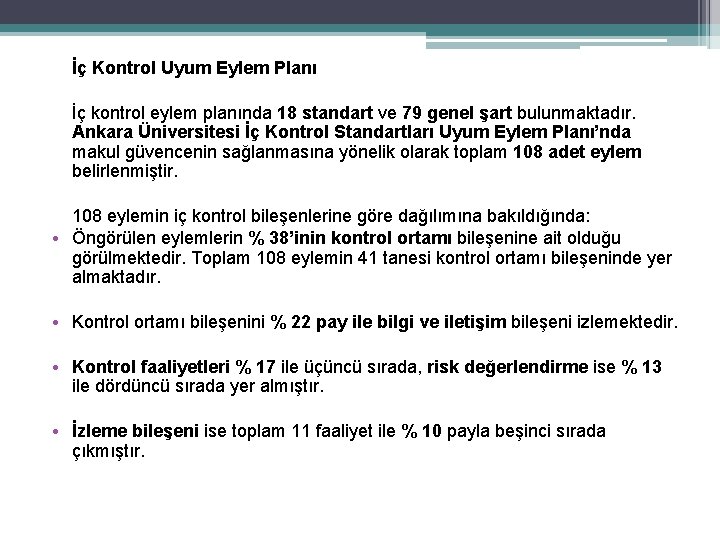 İç Kontrol Uyum Eylem Planı İç kontrol eylem planında 18 standart ve 79 genel