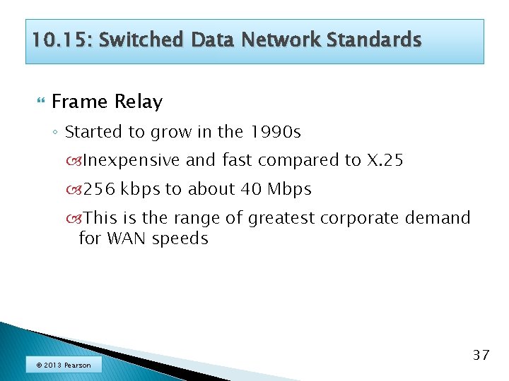 10. 15: Switched Data Network Standards Frame Relay ◦ Started to grow in the