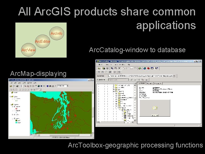 All Arc. GIS products share common applications Arc. Info Arc. Editor Arc. View Arc.
