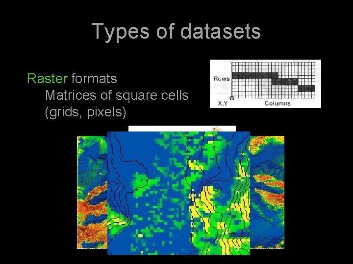 Types of datasets Raster formats Matrices of square cells (grids, pixels) 