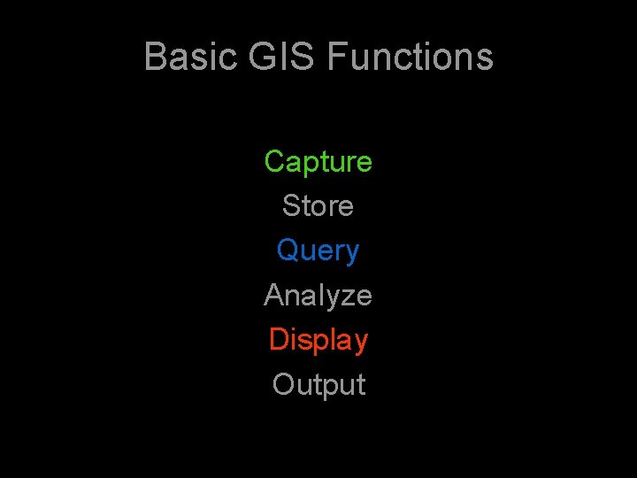 Basic GIS Functions Capture Store Query Analyze Display Output 