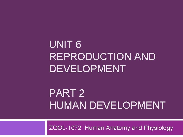 UNIT 6 REPRODUCTION AND DEVELOPMENT PART 2 HUMAN DEVELOPMENT ZOOL-1072 Human Anatomy and Physiology