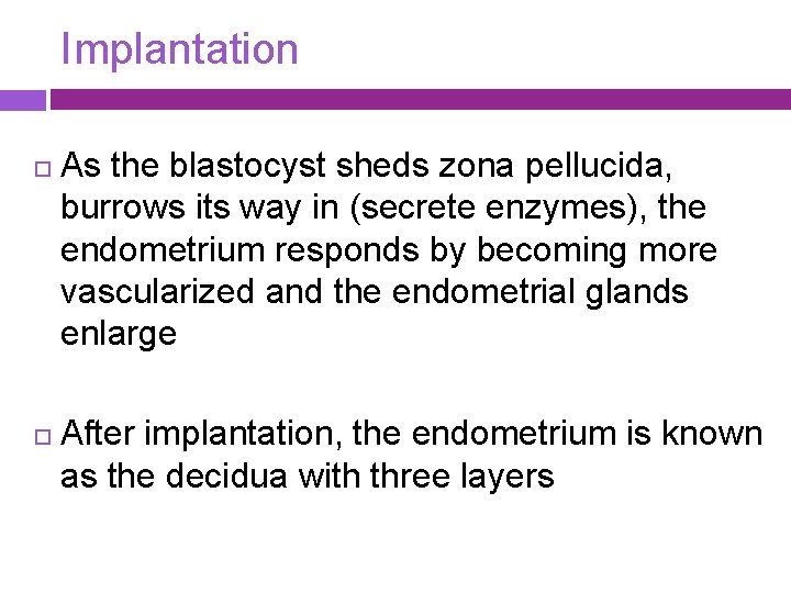 Implantation As the blastocyst sheds zona pellucida, burrows its way in (secrete enzymes), the