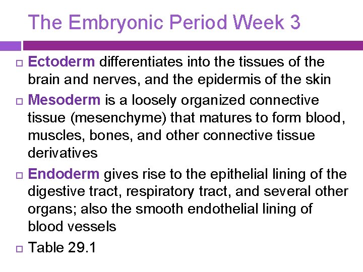 The Embryonic Period Week 3 Ectoderm differentiates into the tissues of the brain and