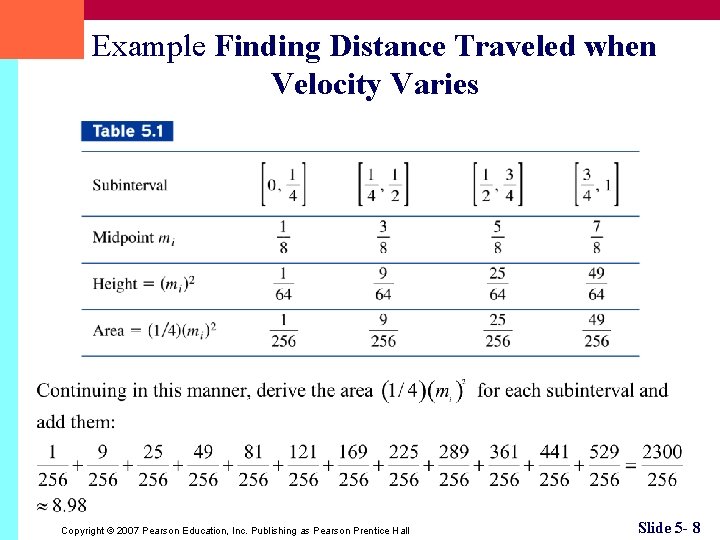 Example Finding Distance Traveled when Velocity Varies Copyright © 2007 Pearson Education, Inc. Publishing