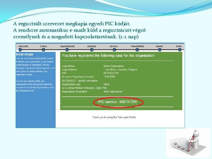 A regisztrált szervezet megkapja egyedi PIC kódját. A rendszer automatikus e-mailt küld a regisztrációt