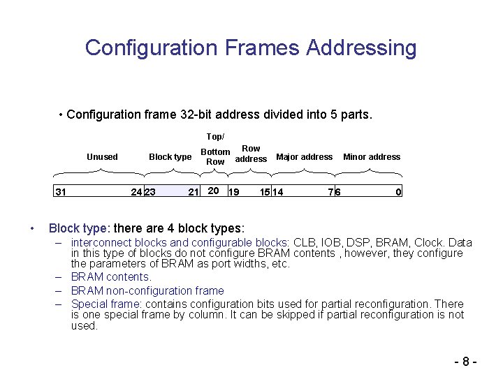 Configuration Frames Addressing • Configuration frame 32 -bit address divided into 5 parts. Top/