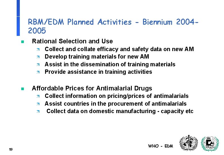 RBM/EDM Planned Activities - Biennium 20042005 n Rational Selection and Use ä ä n