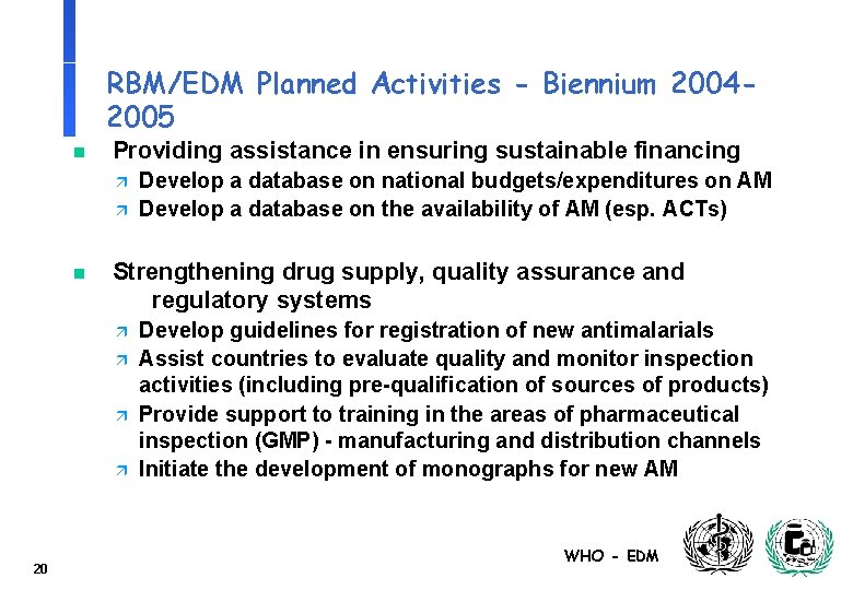 RBM/EDM Planned Activities - Biennium 20042005 n Providing assistance in ensuring sustainable financing ä