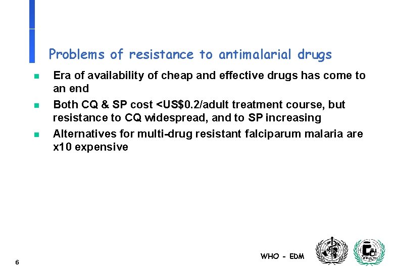 Problems of resistance to antimalarial drugs n n n 6 Era of availability of