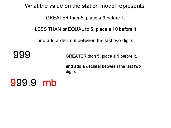 What the value on the station model represents: GREATER than 5, place a 9 What the value on the station model represents: GREATER than 5, place a 9
