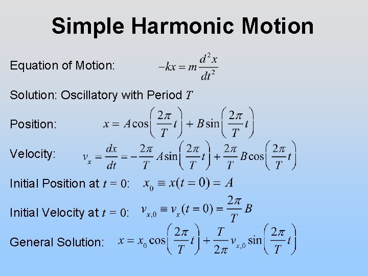 Simple Harmonic Motion Equation of Motion: Solution: Oscillatory with Period T Position: Velocity: Initial