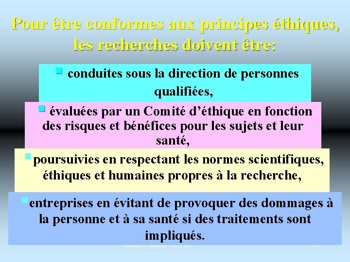 Pour être conformes aux principes éthiques, les recherches doivent être: § conduites sous la