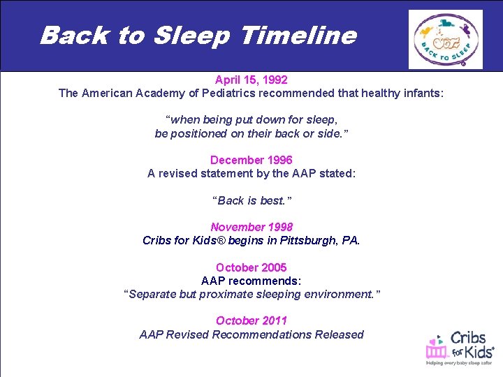 Back to Sleep Timeline April 15, 1992 The American Academy of Pediatrics recommended that