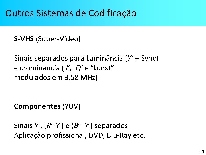 Outros Sistemas de Codificação S-VHS (Super-Video) Sinais separados para Luminância (Y’ + Sync) e