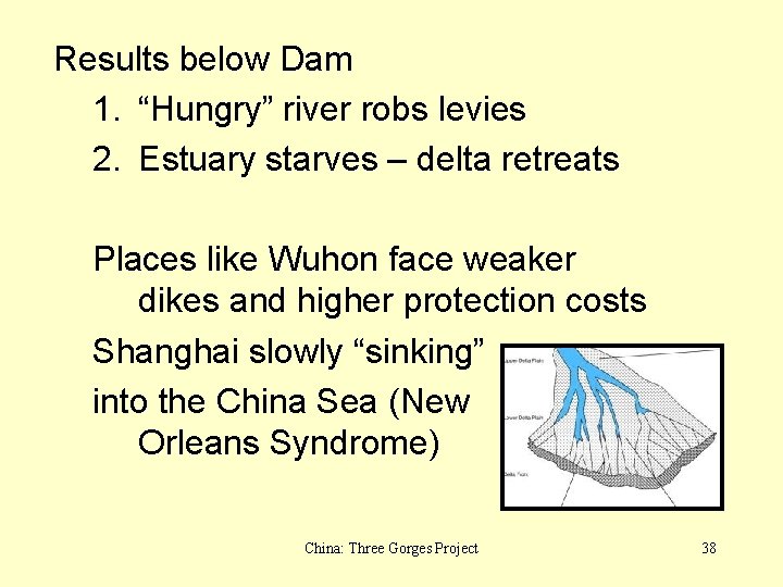 Results below Dam 1. “Hungry” river robs levies 2. Estuary starves – delta retreats