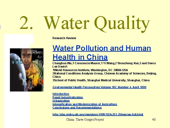 2. Water Quality Research Review Water Pollution and Human Health in China Changhua Wu,