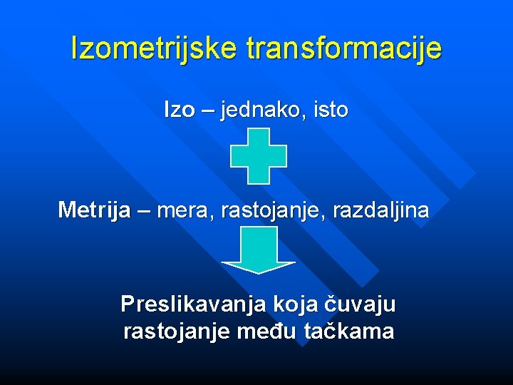 Izometrijske transformacije Izo – jednako, isto Metrija – mera, rastojanje, razdaljina Preslikavanja koja čuvaju