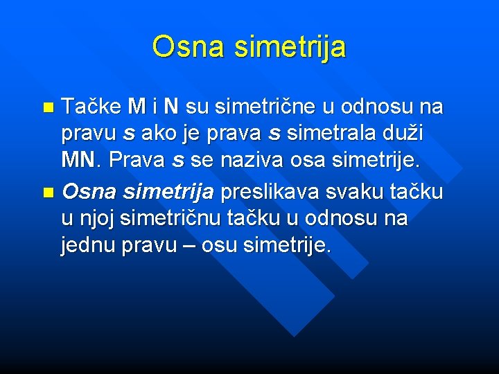 Osna simetrija Tačke M i N su simetrične u odnosu na pravu s ako