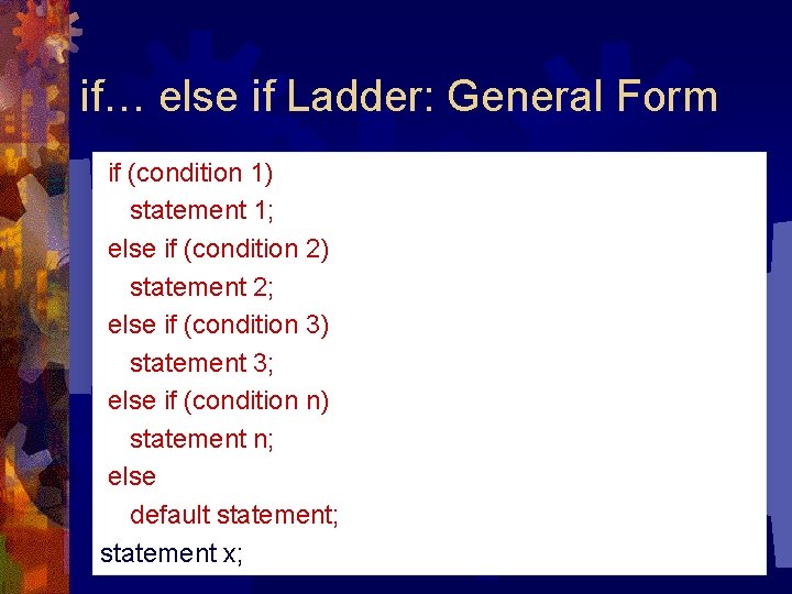 if… else if Ladder: General Form if (condition 1) statement 1; else if (condition