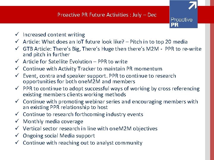 Proactive PR Future Activities : July – Dec ü Increased content writing ü Article: