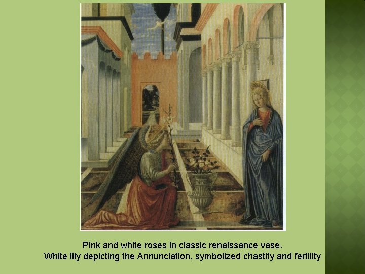 Pink and white roses in classic renaissance vase. White lily depicting the Annunciation, symbolized