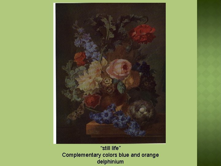 “still life” Complementary colors blue and orange delphinium 