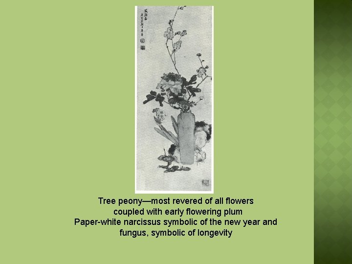 Tree peony—most revered of all flowers coupled with early flowering plum Paper-white narcissus symbolic