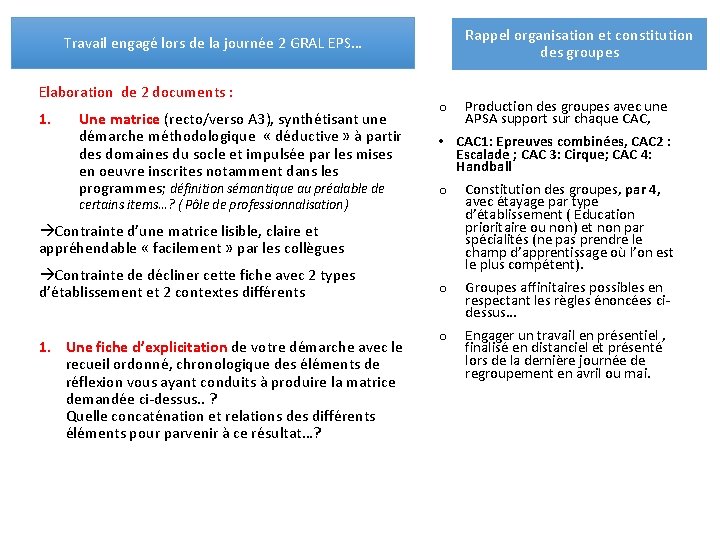 Rappel organisation et constitution des groupes Travail engagé lors de la journée 2 GRAL