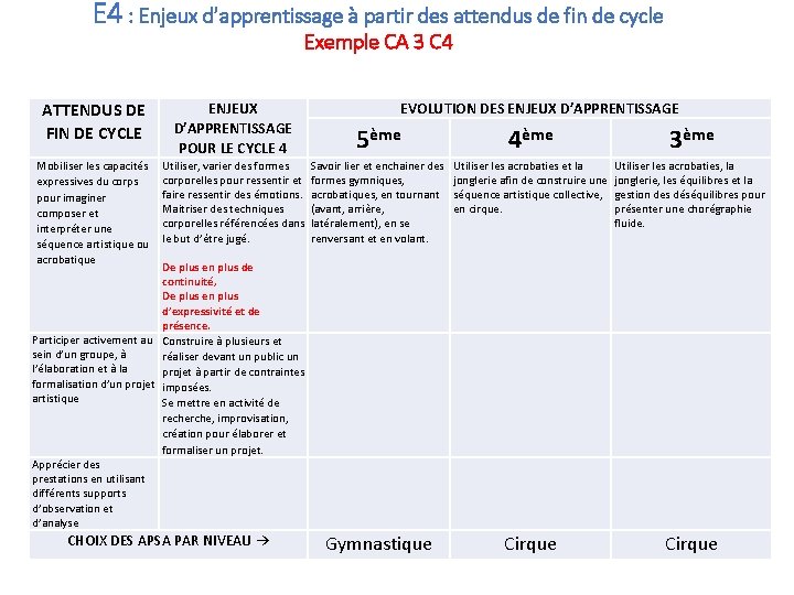 E 4 : Enjeux d’apprentissage à partir des attendus de fin de cycle Exemple