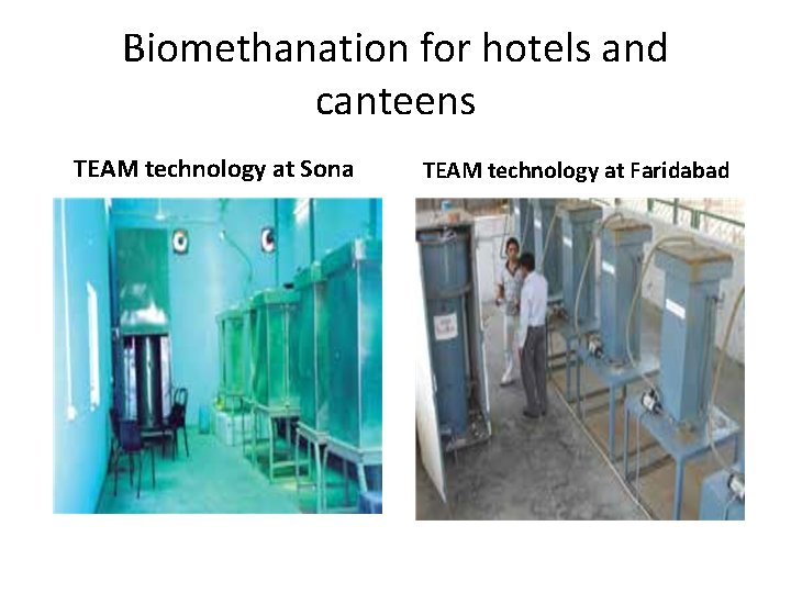 Biomethanation for hotels and canteens TEAM technology at Sona TEAM technology at Faridabad 