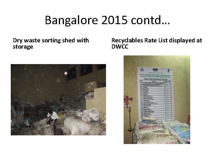 Bangalore 2015 contd… Dry waste sorting shed with storage Recyclables Rate List displayed at