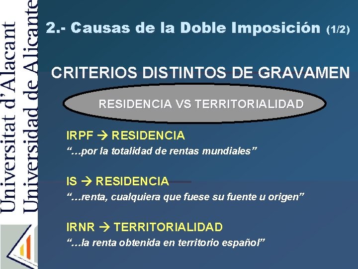 2. - Causas de la Doble Imposición (1/2) CRITERIOS DISTINTOS DE GRAVAMEN RESIDENCIA VS