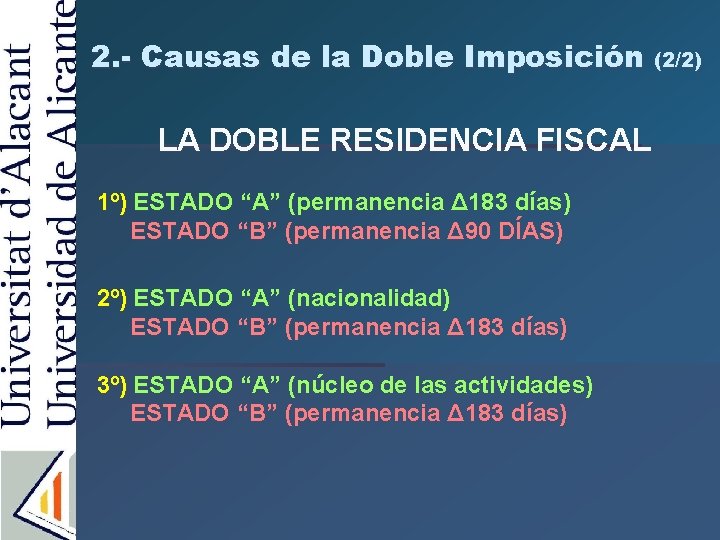 2. - Causas de la Doble Imposición LA DOBLE RESIDENCIA FISCAL 1º) ESTADO “A”