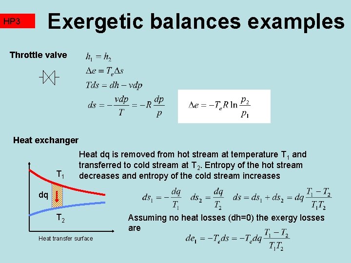 HP 3 TZ 2 Exergetic balances examples Throttle valve Heat exchanger T 1 Heat