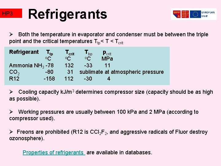 HP 3 TZ 2 Refrigerants Ø Both the temperature in evaporator and condenser must