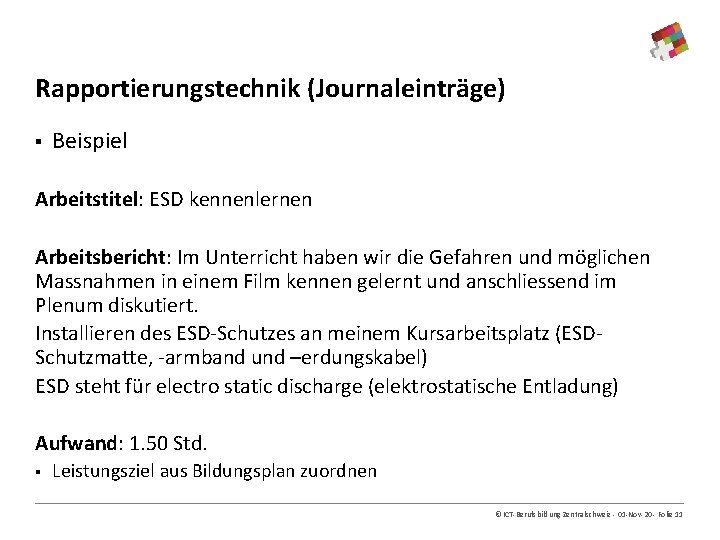 Rapportierungstechnik (Journaleinträge) § Beispiel Arbeitstitel: ESD kennenlernen Arbeitsbericht: Im Unterricht haben wir die Gefahren