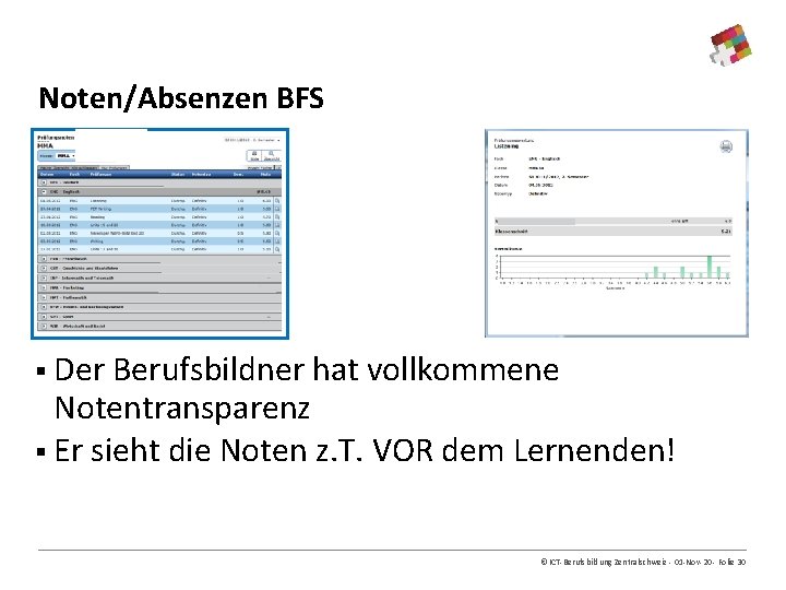 Noten/Absenzen BFS § Der Berufsbildner hat vollkommene Notentransparenz § Er sieht die Noten z.